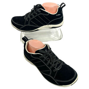 L.L. Bean Sneakers Black Suede Walking Womens Size 9.5 White Stitching Gorpcore
